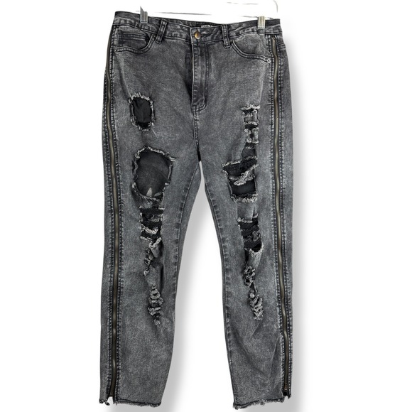American Bazi Denim - American Bazi Distressed Jeans Womens Size Large Black Denim Edgy Unique Zippers